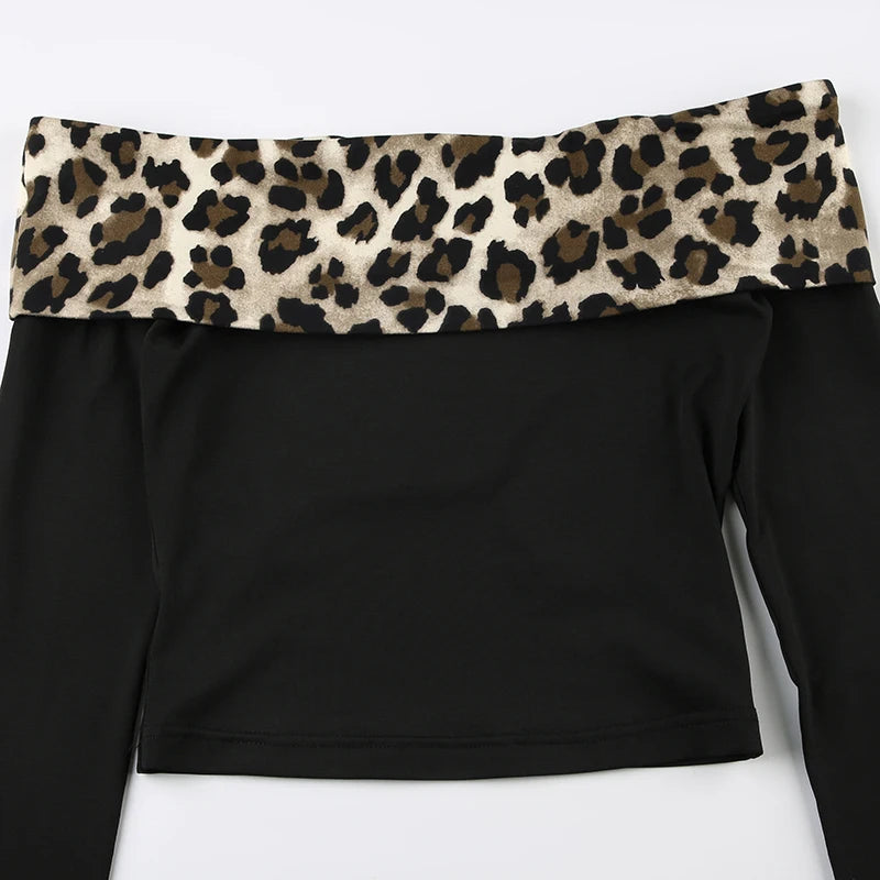 Black Cheetah Trim Off Shoulder Long Sleeve