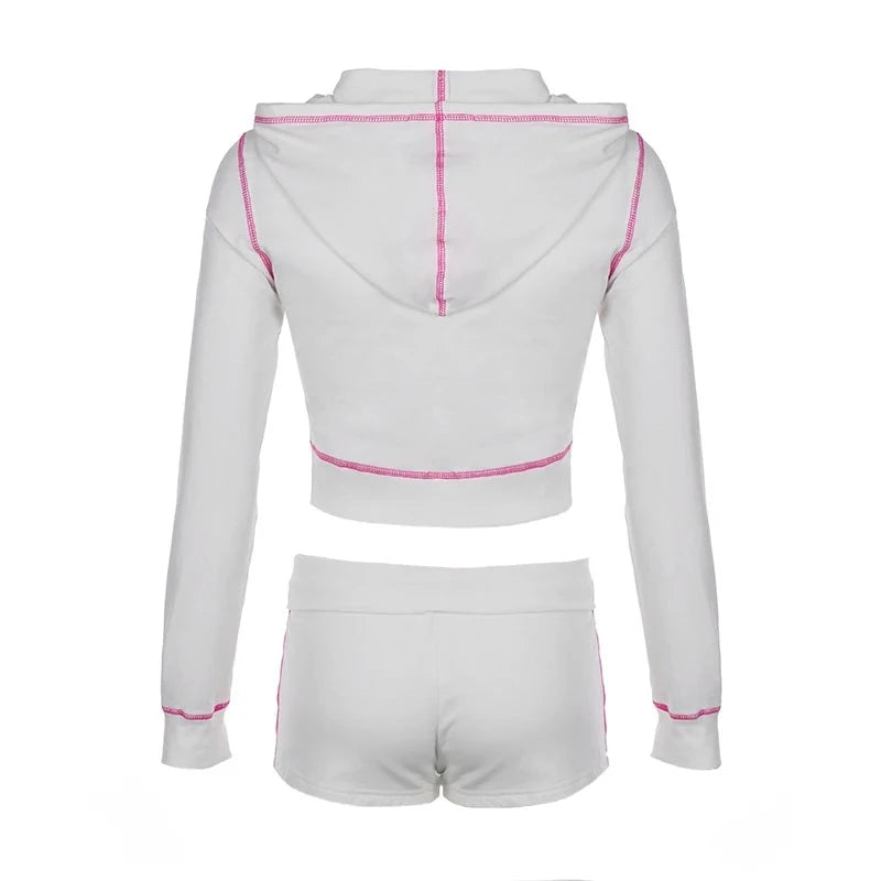 White Pink Lining Crop Hooded Jacket And Mini Shorts Set