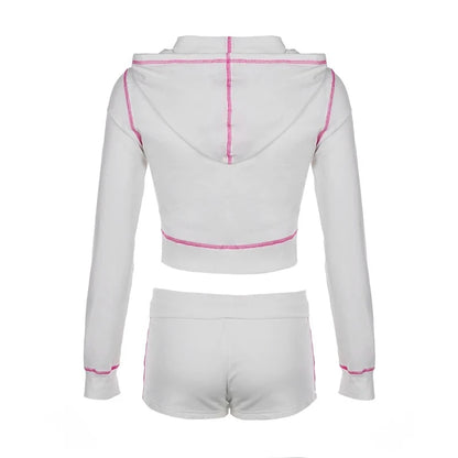 White Pink Lining Crop Hooded Jacket And Mini Shorts Set