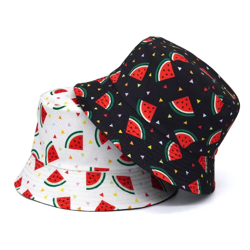 Neutral Watermelon Print Cotton Reversible Bucket Hat