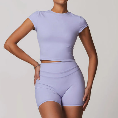 Solid Color Stretchy Short Sleeve And Patchwork High Waisted Shorts Set