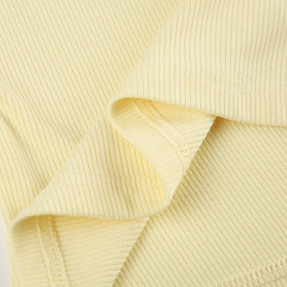 Yellow Knit Ribbed Lace Quarter Button Up Short Sleeve