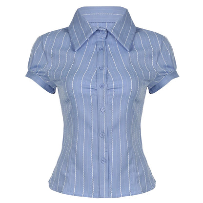 Solid Color Stripe Button Up Puff Short Sleeve