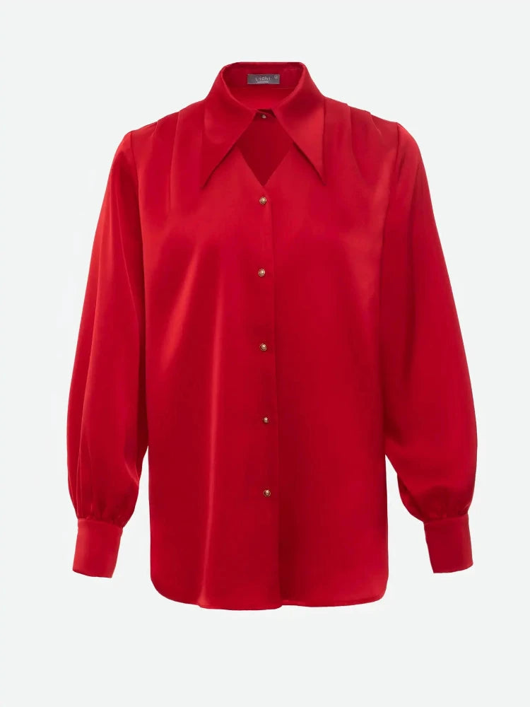 Solid Color Silk Collar Hollow Out Button Up Long Sleeve