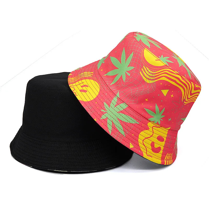 Solid Color Swirl Smiley Face And Mary-J Print Reversible Bucket Hat