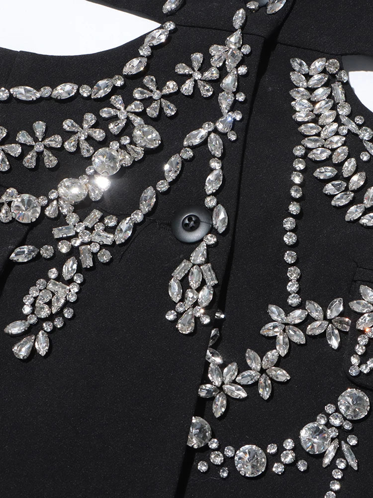 Black Rhinestone Studded Hollow Out Shoulder And Side Blazer