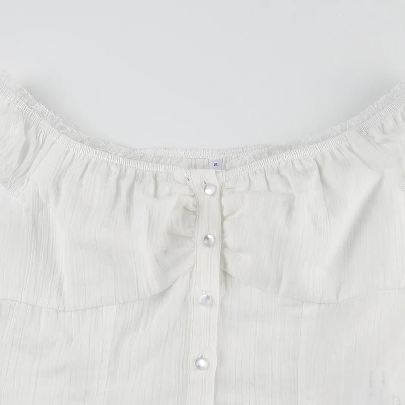 White Ribbed Button Up Ruffle Trim Puff Off Shoulder Short Sleeve