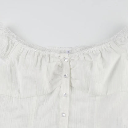 White Ribbed Button Up Ruffle Trim Puff Off Shoulder Short Sleeve