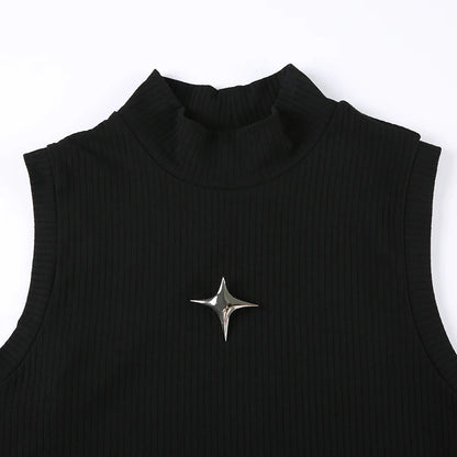 Black Knit Ribbed Turtleneck 3D Silver Star Asymmetric Trim Crop Sleeveless Top