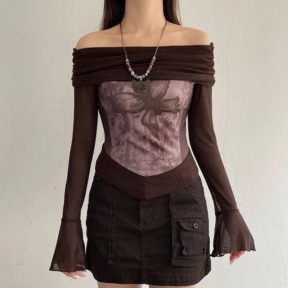 Brown Ribbed Butterfly Roll Over Off Shoulder Sheer Flare Long Sleeve