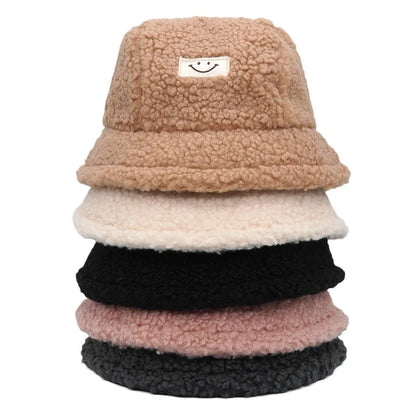 Solid Color Fleece Smiley Face Bucket Hat