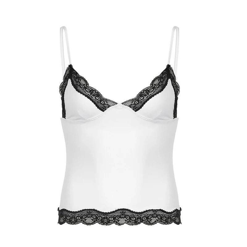 White V-Cut Black Lace Trim Spaghetti Strap Top