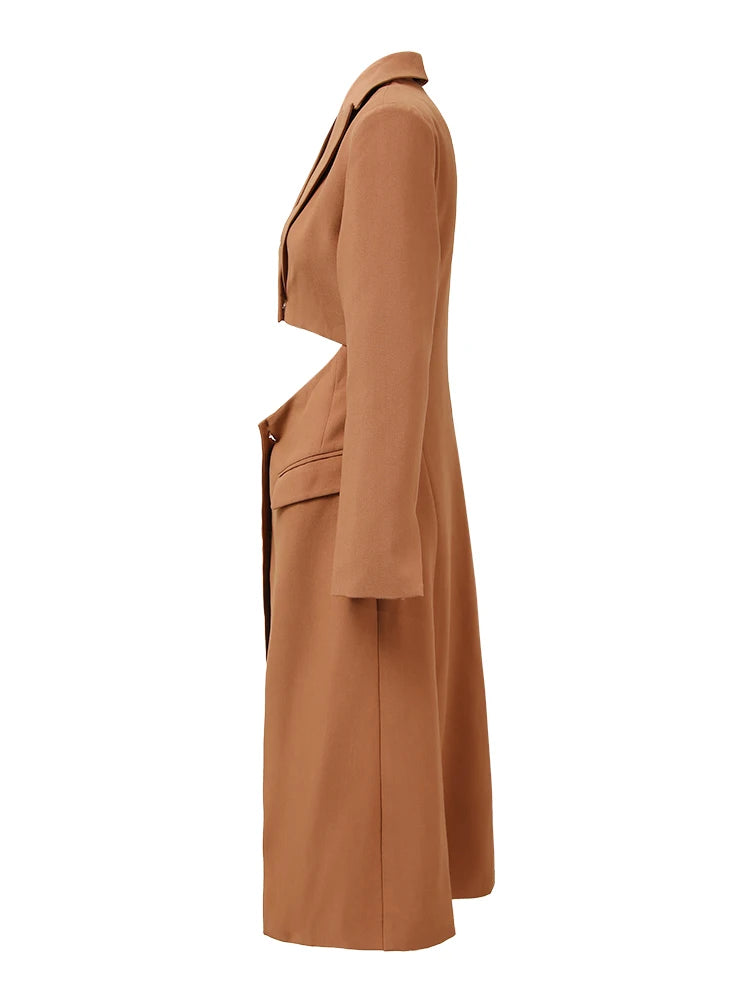 Brown Front Hollow Out Extra Long Blazer