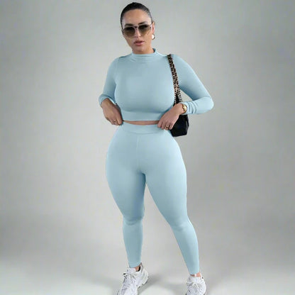 Solid Color Crop Long Sleeve And Legging Set