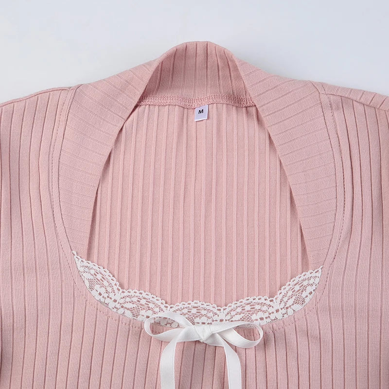 Pink Knit Ribbed Lace Trim Long sleeve