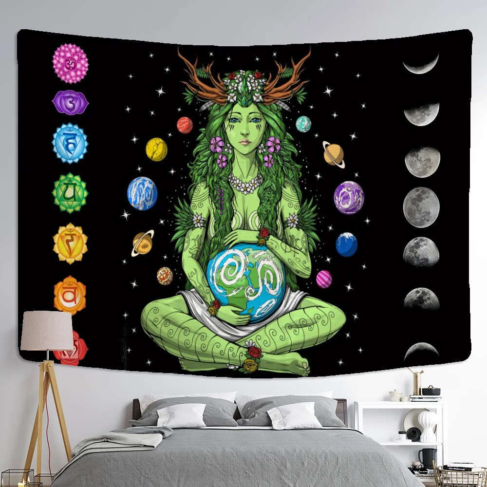 Mother Gaia Holding Earth With Planets Chakras And Moon Phases In The Stars Tapestry