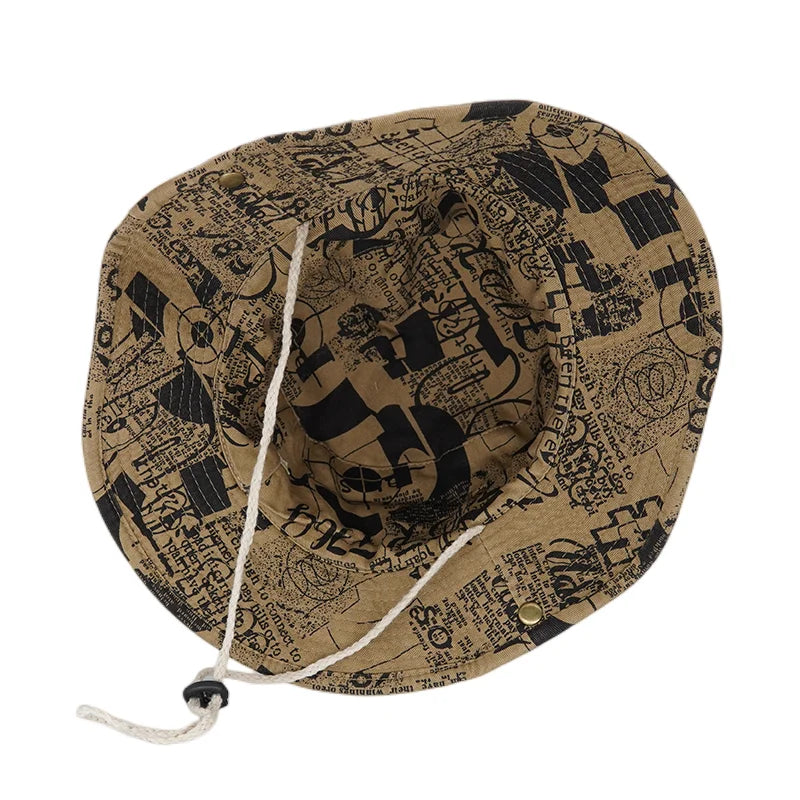 Solid Color Washed Out Newspaper Patchwork Fishing Bucket Hat