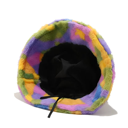 Multicolor Camouflage Fleece And Fur Bucket Hat