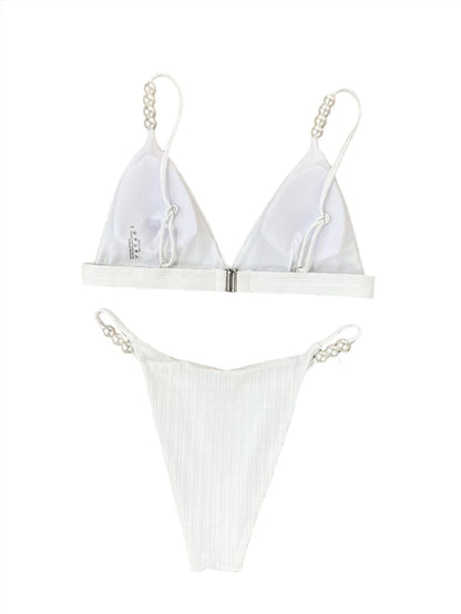 White Ribbed V-Cut Pearl Strap Bikini