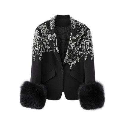 Black Rhinestone Studded Fur Trim Sleeve Blazer