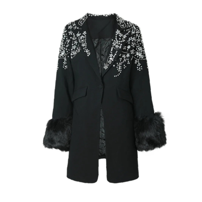 Black Rhinestone Studded Fur Trim Sleeve Blazer