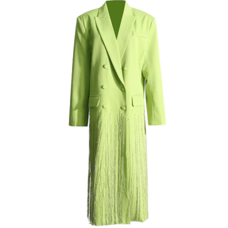 Green Tassel Trim Double Breasted Extra Long Blazer