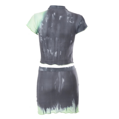 Gray And Green Tie-Dye Crop Short Sleeve And Mini Skirt Set