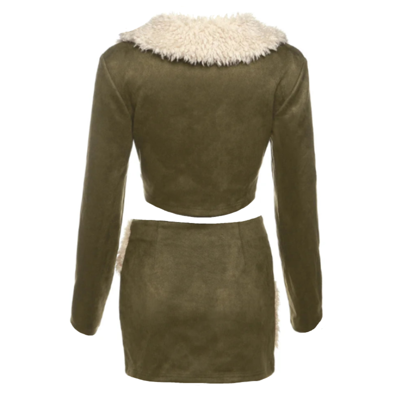 Green Suede Beige Fur Trim Jacket And Mini Skirt Set