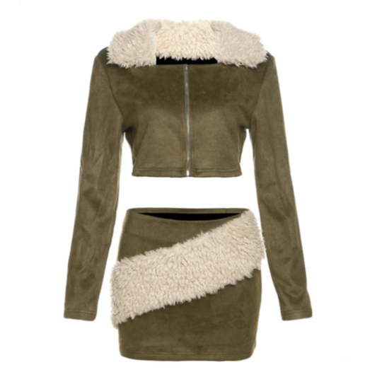 Green Suede Beige Fur Trim Jacket And Mini Skirt Set