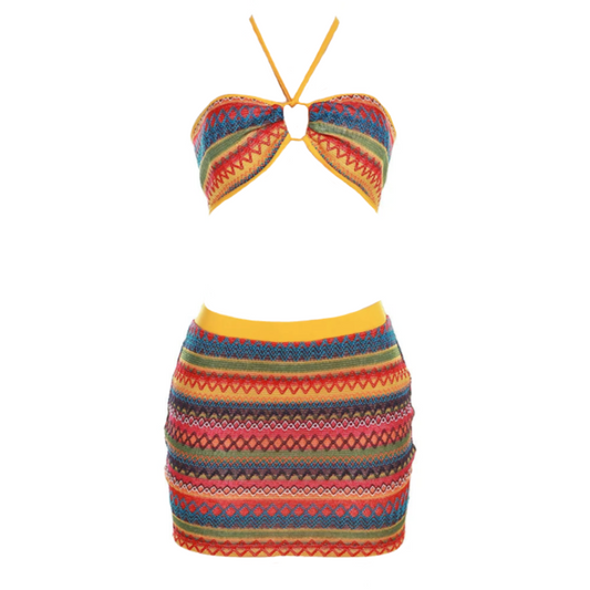 Multicolor Knit Ruched Stripe Crop Crop Halter Top And Mini Skirt Set