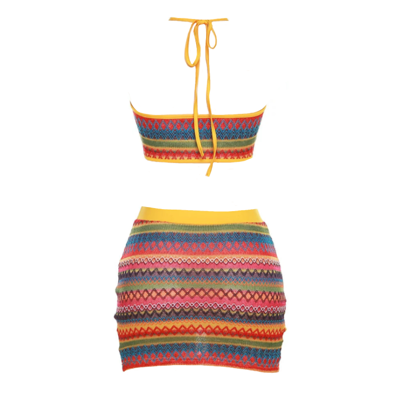 Multicolor Knit Ruched Stripe Crop Crop Halter Top And Mini Skirt Set