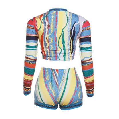 Multicolor Swirl Tribal Print Long Sleeve And Shorts Set
