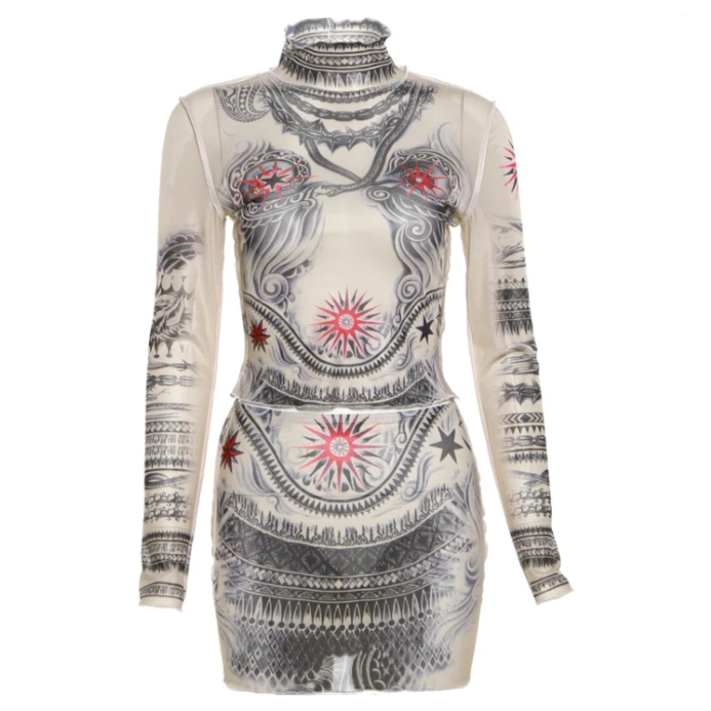 White Graffiti Turtleneck Long Sleeve Mini Skirt Set