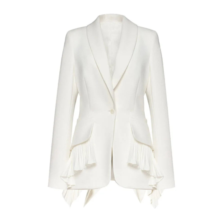 Neutral Pleated Ruffle Trim Blazer