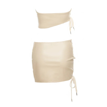 Neutral Leather Side Lace-Up Asymmetric Crop Strapless Top And Mini Skirt Set