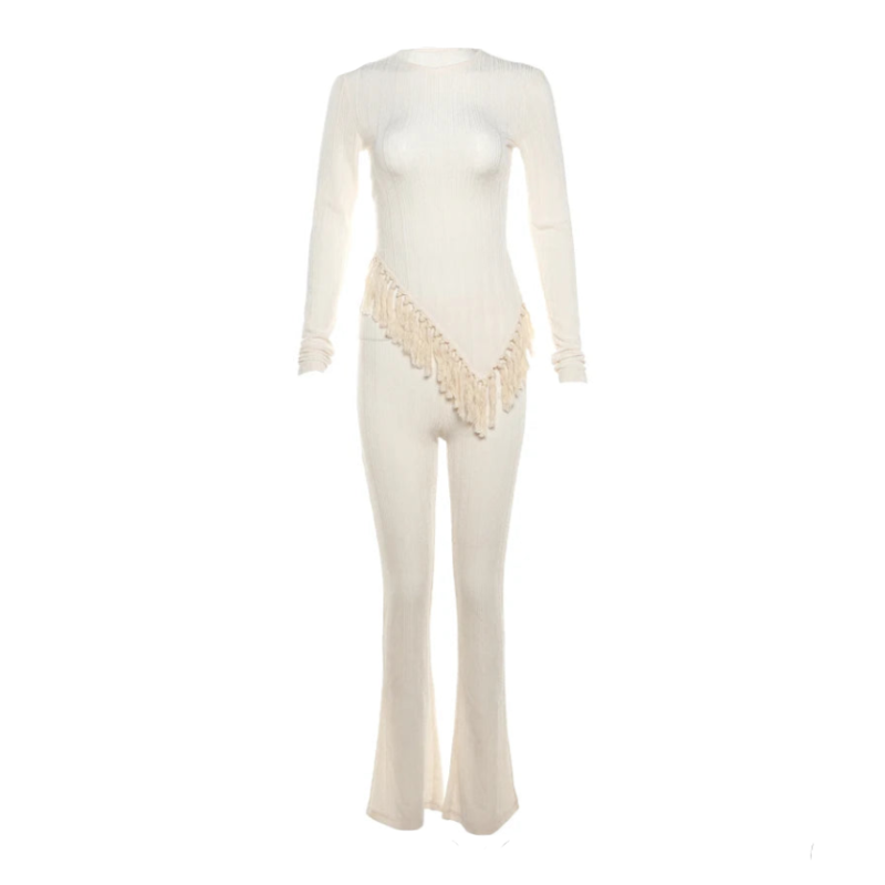 Neutral Ribbed Asymmetric Fringe Trim Long Sleeve And Pants Set