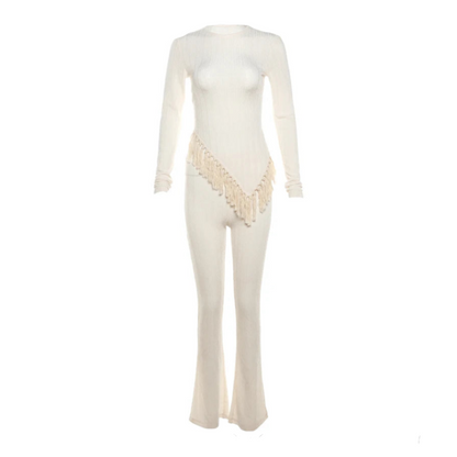 Neutral Ribbed Asymmetric Fringe Trim Long Sleeve And Pants Set