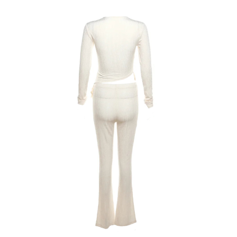 Neutral Ribbed Asymmetric Fringe Trim Long Sleeve And Pants Set