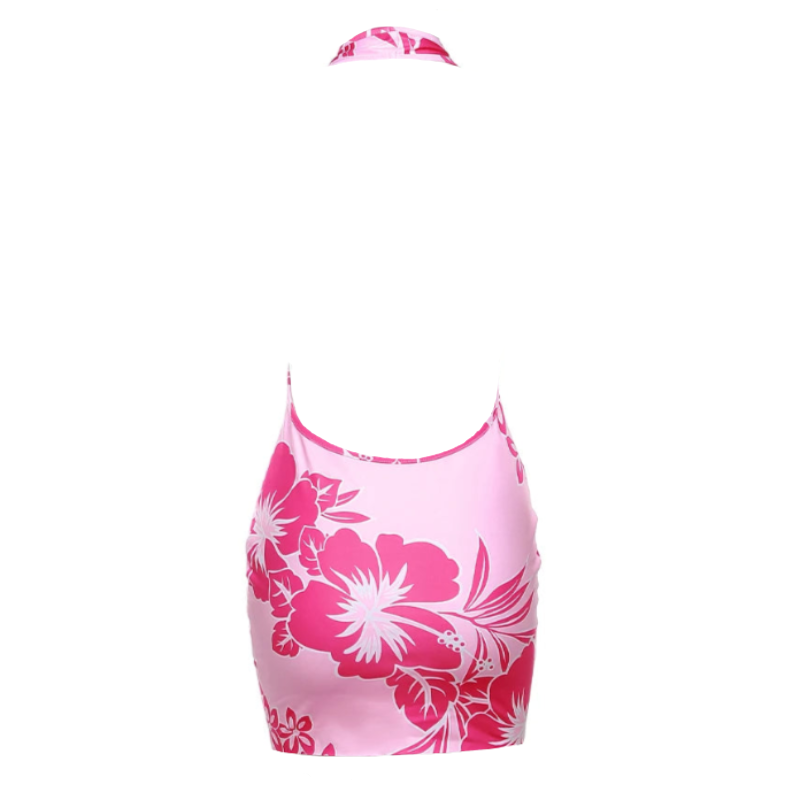 Pink Floral Print V-Cut Backless Halter Mini Dress