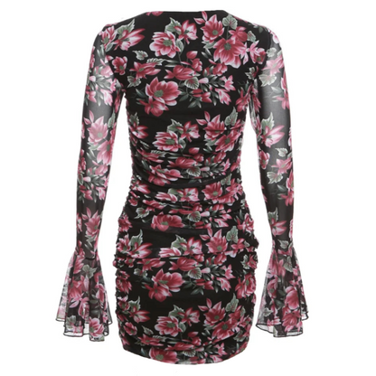 Black Floral Print Ruched Hollow Out Flare Long Sleeve Mini Dress