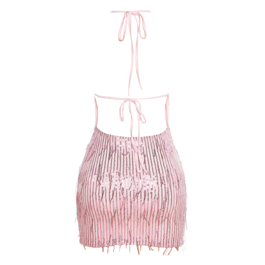 Solid Color Sequin Tassel Backless Back Tie Halter Mini Dress