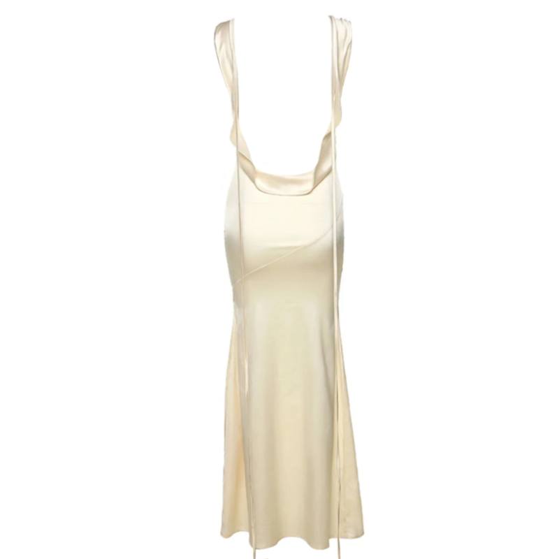 Beige Silk Backless Drop Down Back Sleeveless Maxi Dress