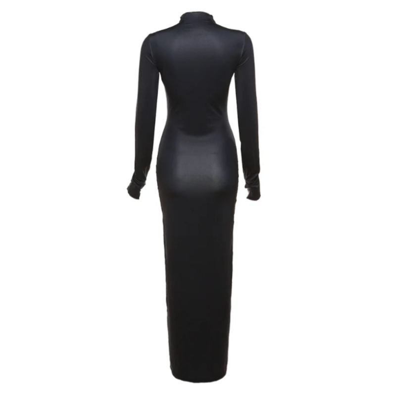 Black Silhouette Body Print Turtleneck Long Sleeve Maxi Dress