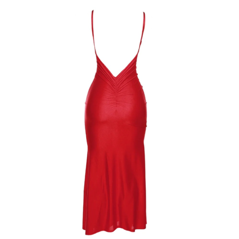 Red V-Cut Backless V Style Ruched Booty Spaghetti Strap Maxi Dress