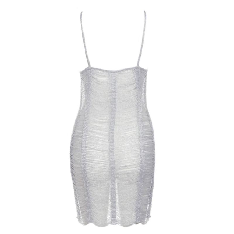 Silver Shimmery Distressed Spaghetti Strap Mini Dress