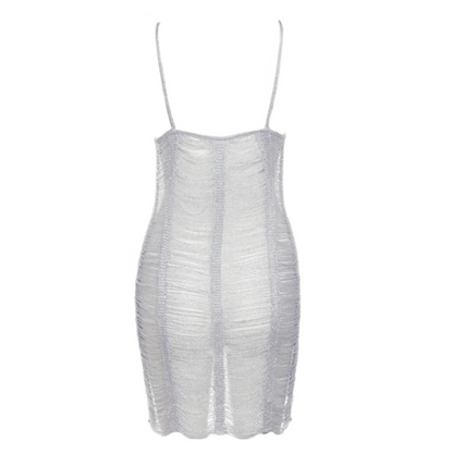 Silver Shimmery Distressed Spaghetti Strap Mini Dress