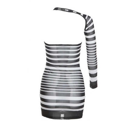 Black And White Sheer Striped Asymmetric Sleeve Mini Dress