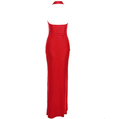 Solid Color Front Drop Down Side Ruched Leg Slit Halter Maxi Dress