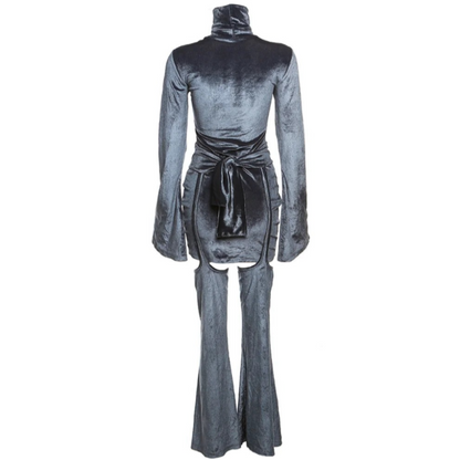 Gray Suede Back Tie Suspender Pants + Turtleneck Long Sleeve Mini Dress Set