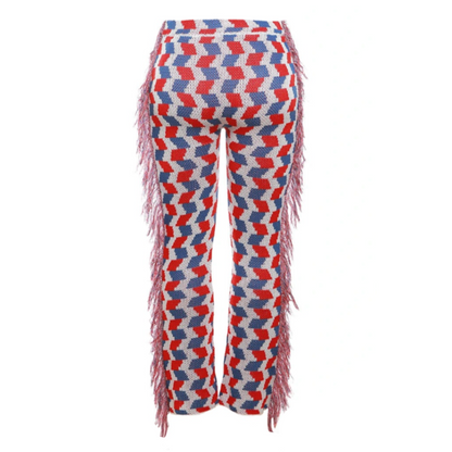 Red White and Blue Crochet Double Side Tassel Low Waisted Flare Pants